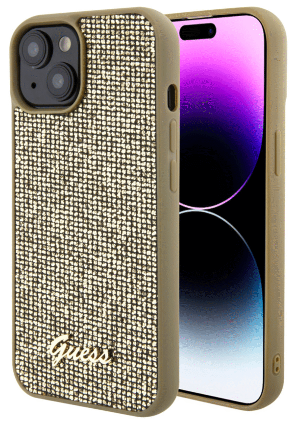 Guess-iPhone-15-Hardcase-hoesje-Metal-Script-Disco-Goud