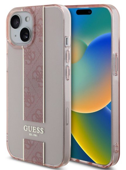 Guess iPhone 15 Backcover hoesje IML 4G Stripe Roze