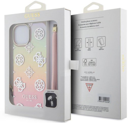 Guess iPhone 15 Plus Hoesje – Elegant Pioenrozen Design met Handriem