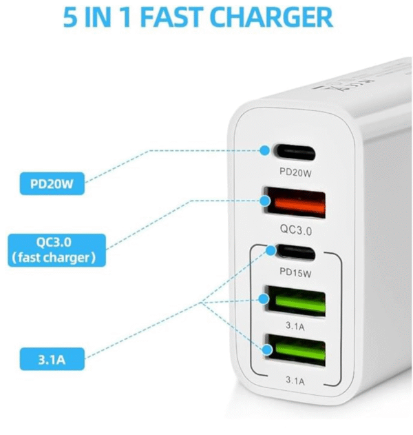 Quick charge oplader met 5 oplaad poorten 65W Wit