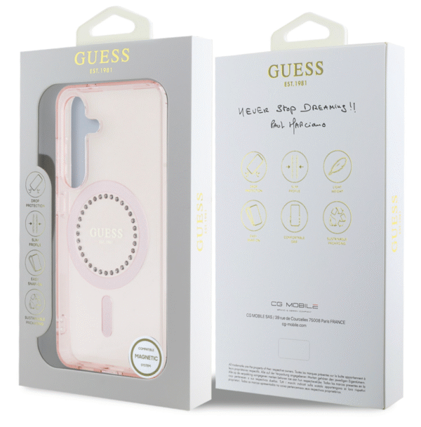 Guess Samsung Galaxy S25 Back Cover hoesje Rhinestones Printed Classic Logo MagSafe Roze