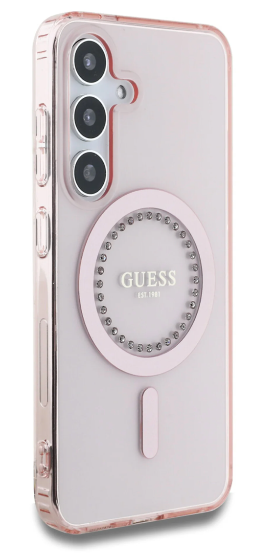 Guess Samsung Galaxy S25 Back Cover hoesje Rhinestones Printed Classic Logo MagSafe Roze