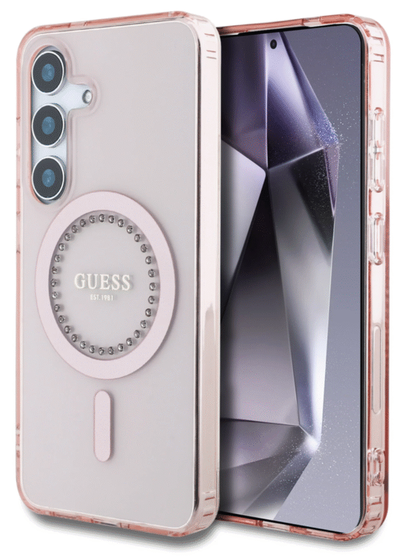 Guess Samsung Galaxy S25 Back Cover hoesje Rhinestones Printed Classic Logo MagSafe Roze