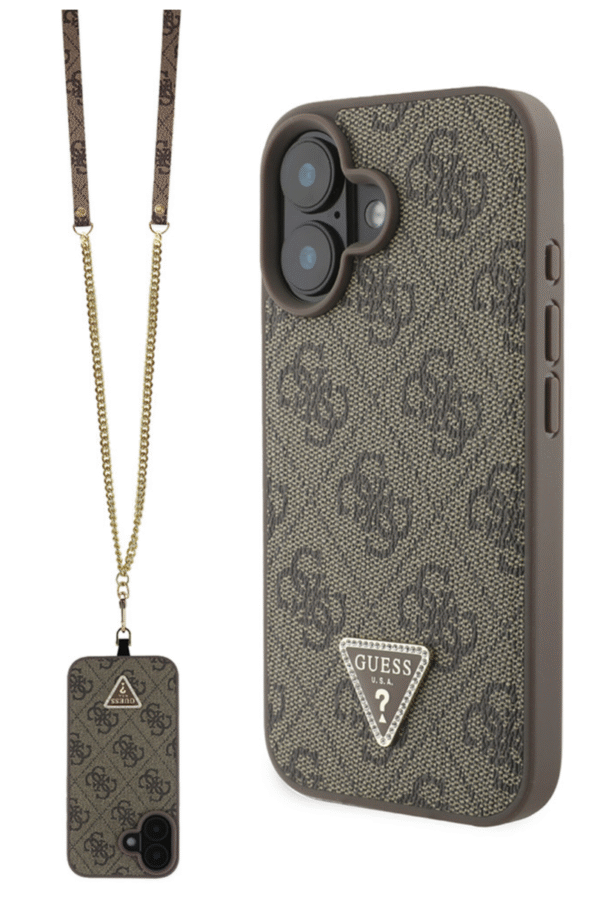 Guess iPhone 16 Back Cover hoesje Magsafe IML Crossbody Cord Bruin