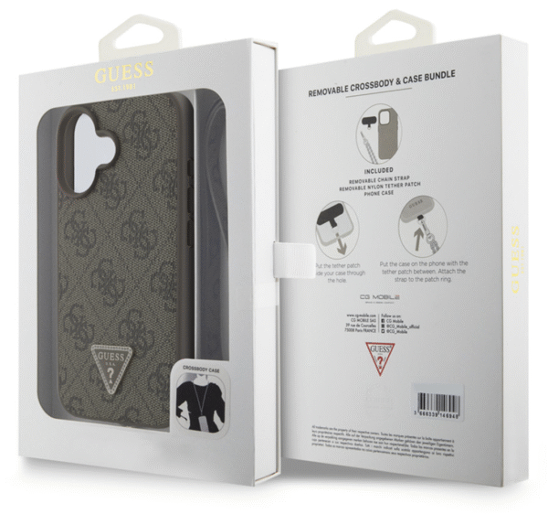 Guess iPhone 16 Back Cover hoesje Magsafe IML Crossbody Cord Bruin