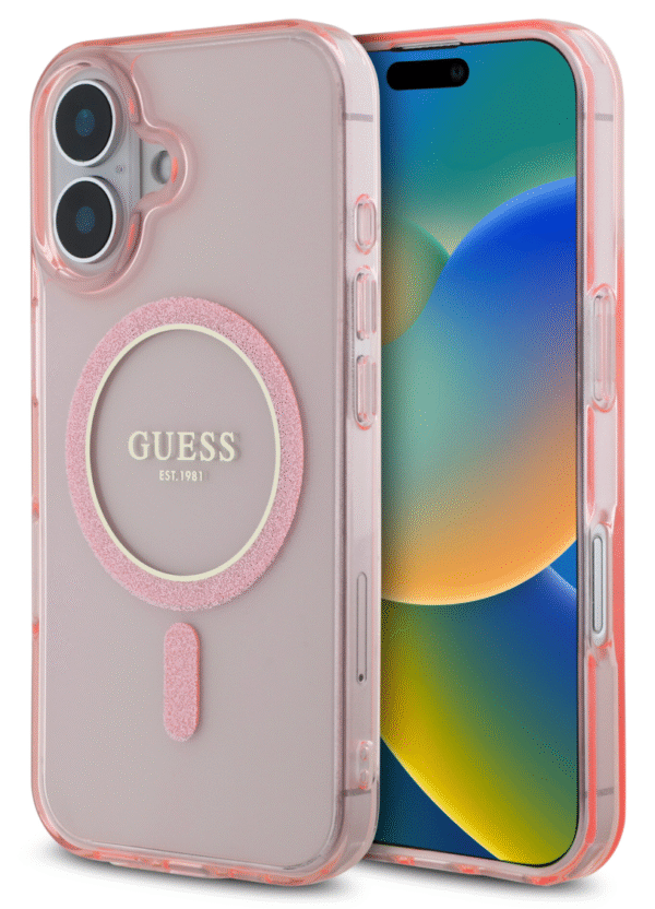 Guess iPhone 16 Back Cover hoesje Magsafe IML Glitter Roze