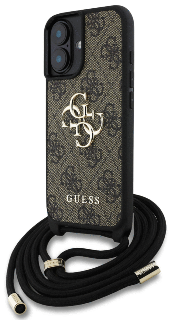 Guess iPhone 16 Back Cover hoesje Crossbody 4G Big Logo Cord Strap Bruin