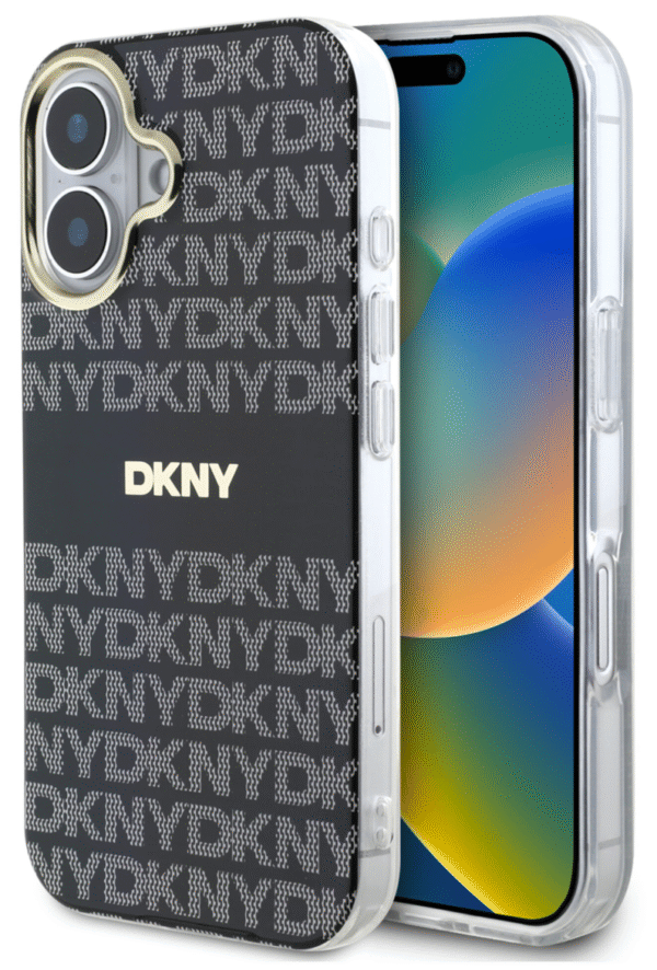 DKNY iPhone 16 Back Cover hoesje Repeat Pattern Tonal Stripe Magsafe Zwart