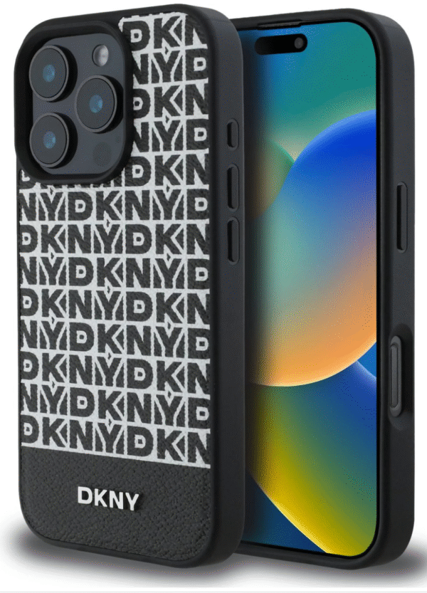 DKNY IPhone 16 Back Cover case PU Leather Repeat Pattern Bottom Stripe MagSafe Zwart