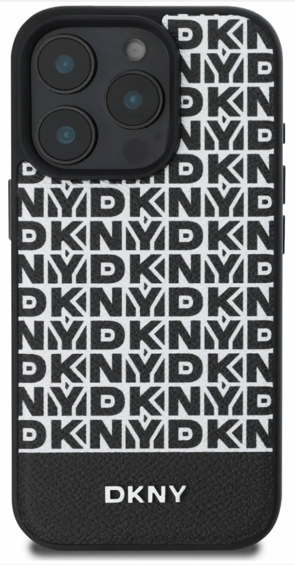 DKNY IPhone 16 Back Cover case PU Leather Repeat Pattern Bottom Stripe MagSafe Zwart