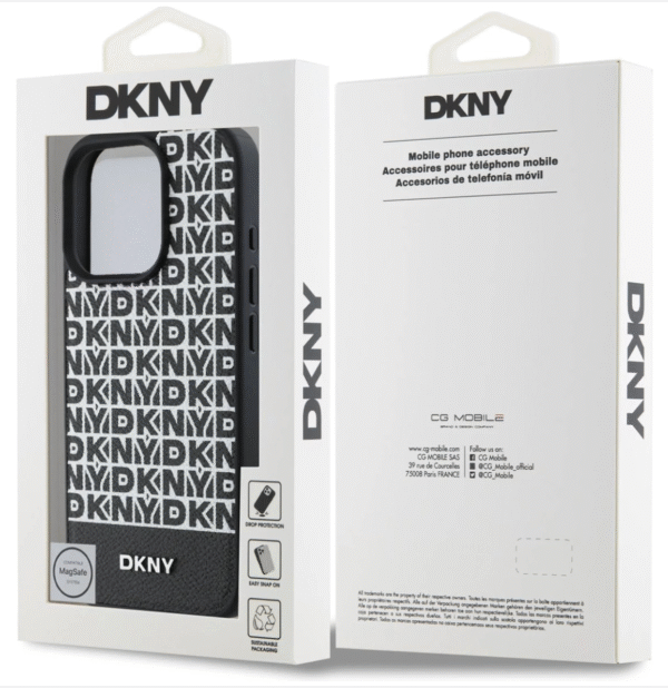 DKNY IPhone 16 Back Cover case PU Leather Repeat Pattern Bottom Stripe MagSafe Zwart