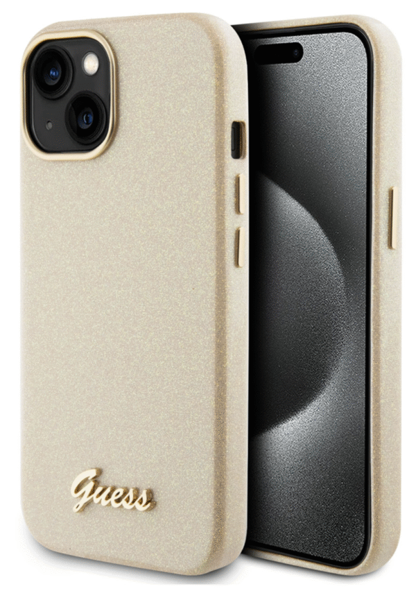 Guess iPhone 15 TPU Back Cover Glitter Glossy Script Gold