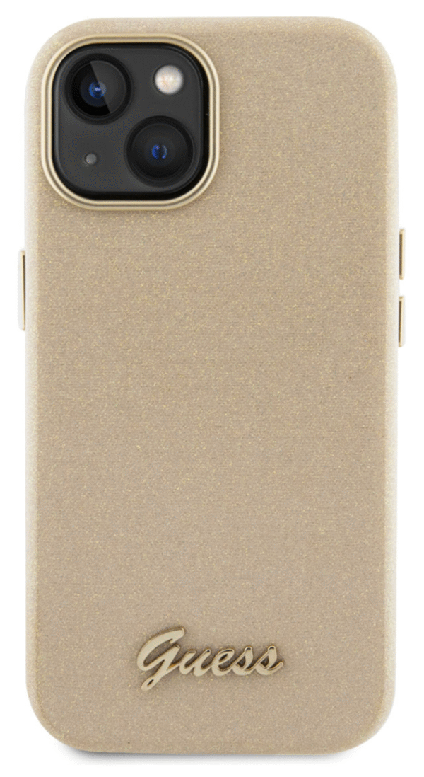 Guess iPhone 15 TPU Back Cover Glitter Glossy Script Gold