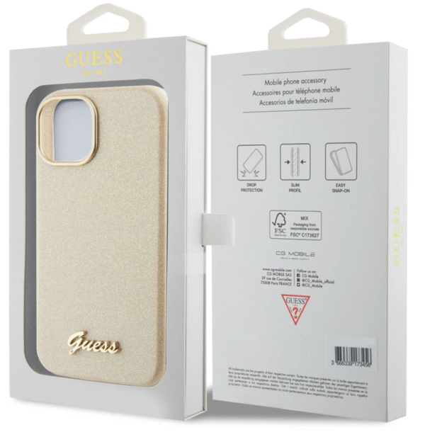 Guess iPhone 15 TPU Back Cover Glitter Glossy Script Gold