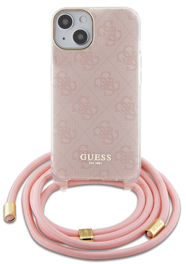Guess iPhone 15 Back Cover hoesje Crossbody cord 4G print Roze
