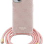 Guess iPhone 15 Back Cover hoesje Crossbody cord 4G print Roze