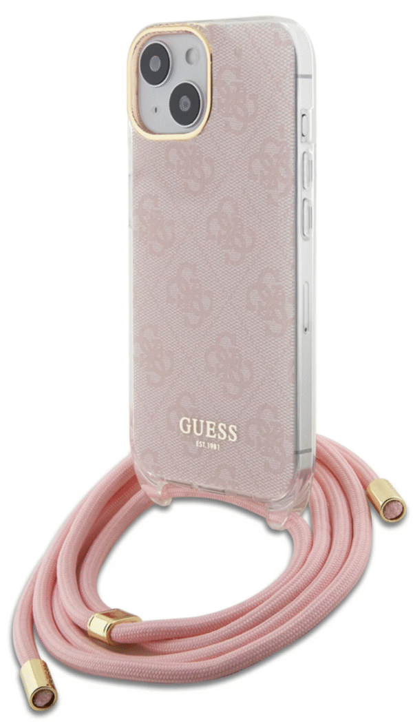 Guess iPhone 15 Back Cover hoesje Crossbody cord 4G print Roze