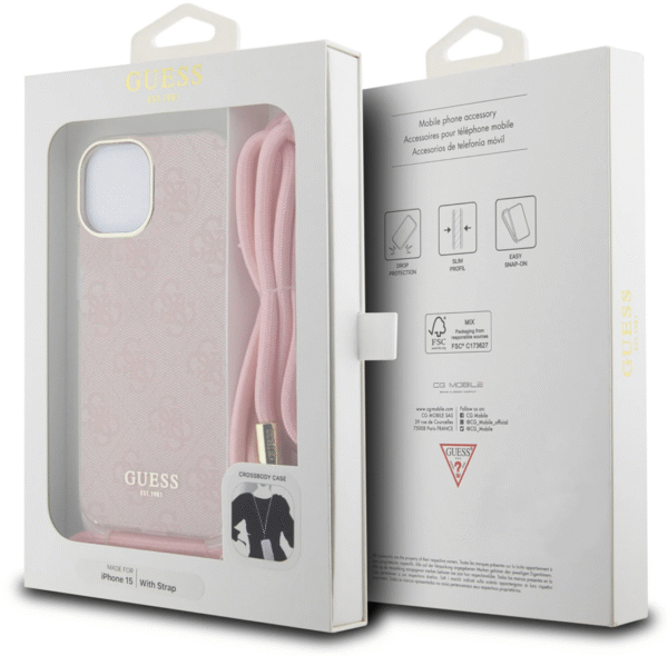 Guess iPhone 15 Back Cover hoesje Crossbody cord 4G print Roze