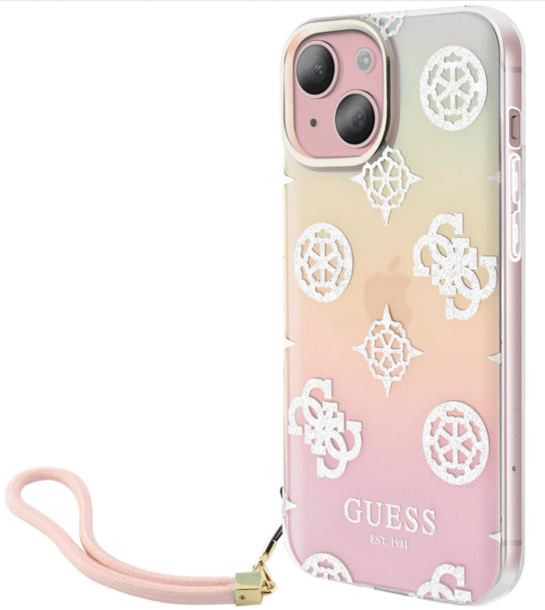 Guess iPhone 15 Plus Hoesje – Elegant Pioenrozen Design met Handriem