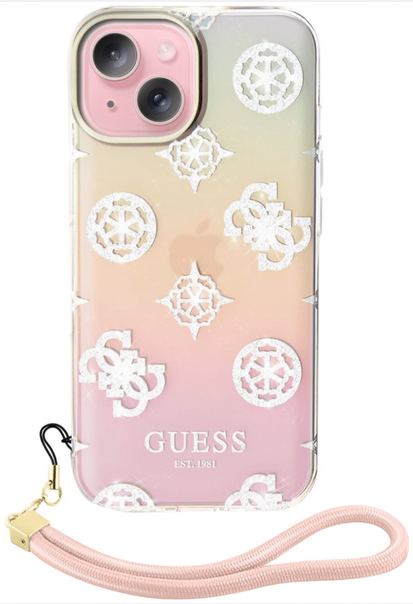 Guess iPhone 15 Plus Hoesje – Elegant Pioenrozen Design met Handriem