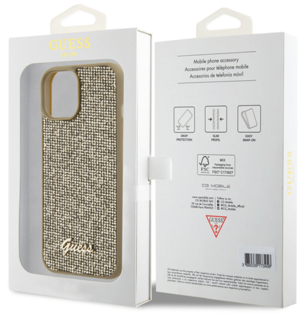 Guess iPhone 15 Hardcase hoesje Metal Script Disco Goud
