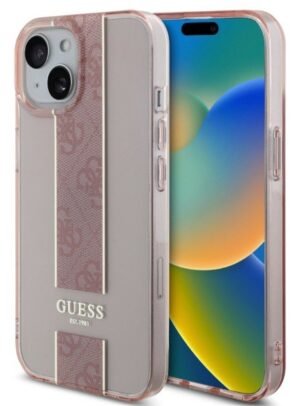 Guess iPhone 15 Backcover hoesje IML 4G Stripe Roze