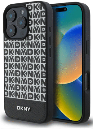 DKNY IPhone 16 Back Cover case PU Leather Repeat Pattern Bottom Stripe MagSafe Zwart