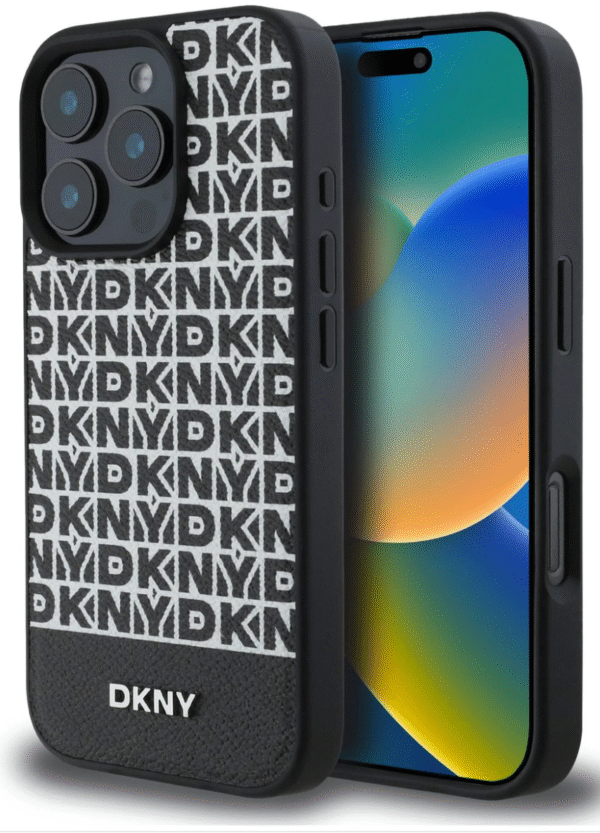 DKNY IPhone 16 Back Cover case PU Leather Repeat Pattern Bottom Stripe MagSafe Zwart