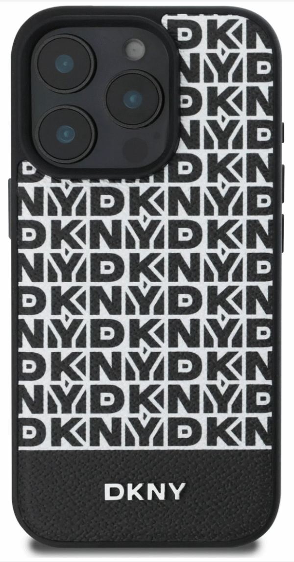 DKNY IPhone 16 Back Cover case PU Leather Repeat Pattern Bottom Stripe MagSafe Zwart - Afbeelding 3