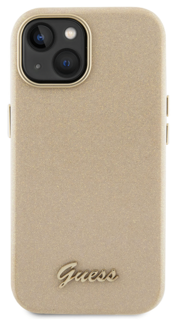 Guess iPhone 15 TPU Back Cover Glitter Glossy Script Gold - Afbeelding 2