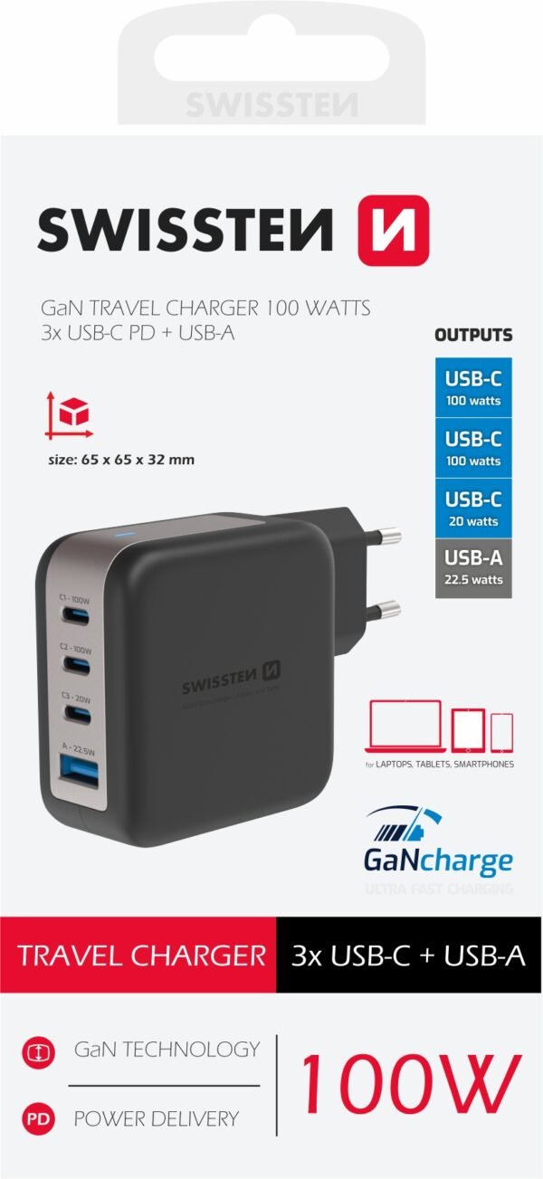 Swissten Snellader met 4 Poorten 100W - GaN Technologie - 3x USB C Poort & 1x USB-A Poort - Geschikt voor laptop, smartphone en tablet - Afbeelding 2
