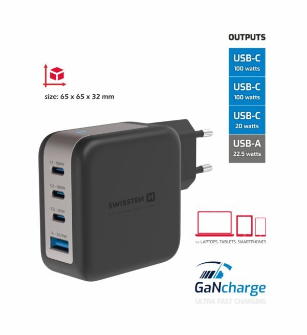 Swissten Snellader met 4 Poorten 100W - GaN Technologie - 3x USB C Poort & 1x USB-A Poort - Geschikt voor laptop, smartphone en tablet - Afbeelding 3