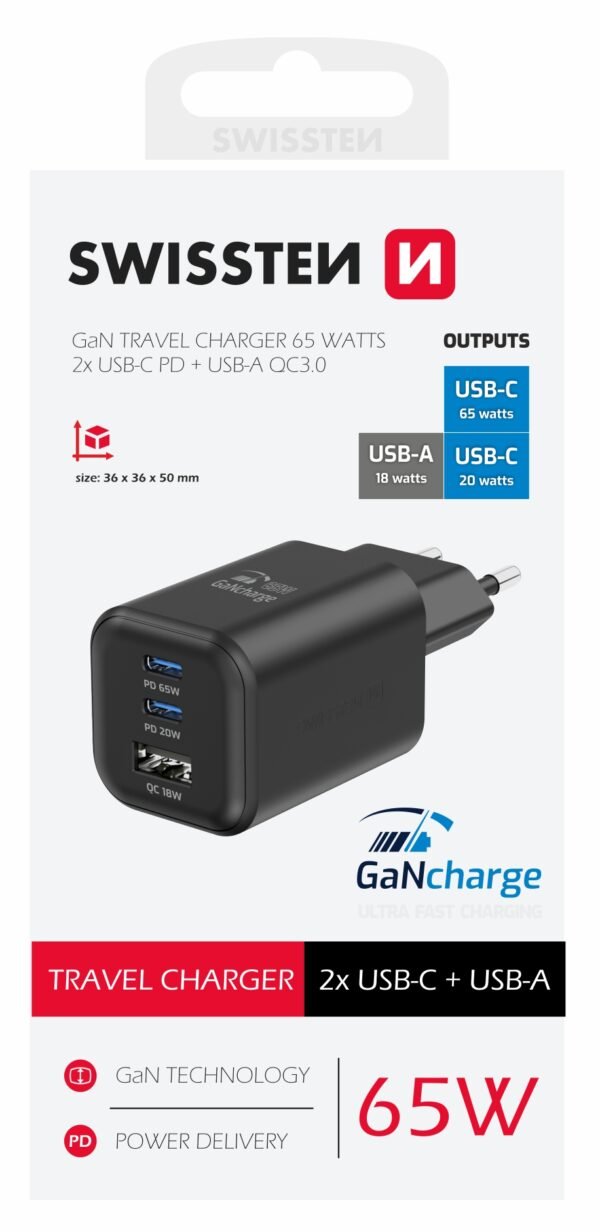 Swissten 65W GaN USB-C Snellader – Supersnelle en Veilige Oplader voor Laptop, Smartphone en Tablet - Afbeelding 2